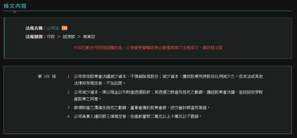 圖 / 公司法第 168 條明確說明了閉鎖性公司的減資規範